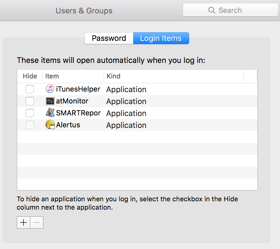 Screenshot of Login Items tab in Accounts window.