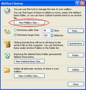 View Mailbox Size button