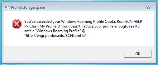 Screenshot of Profile Storage Space error window.