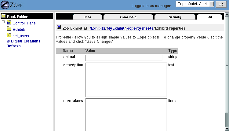 A ZooExhibit Edit view