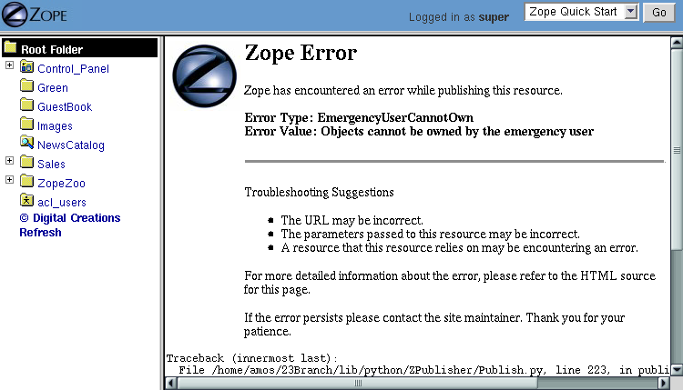 Error caused by trying to create a new object when logged in
as the emergency user.