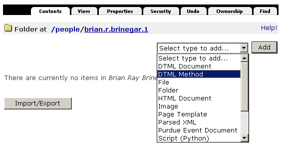 Zope Management Interface for 
Folder with Drop Down