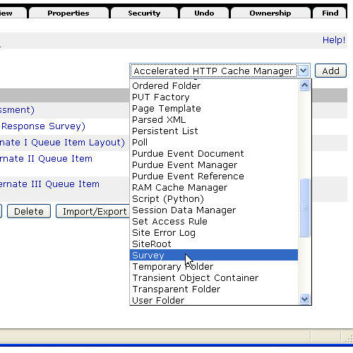 Screenshot of adding a survey object in Zope.
