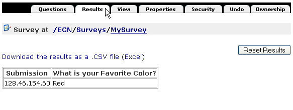 Screenshot of viewing the results of a survey in Zope.